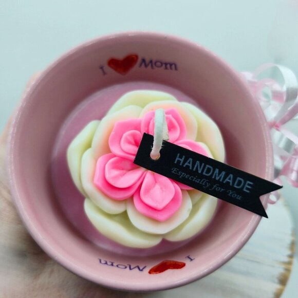 I Love Mom ✦ Ceramic Mug Candle ✦ Pink Rose Wax w/ Affirmation Wrap Handmade NWT - Picture 3 of 9